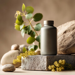 Minimalist presentation of cosmetic or supplement bottle resting on stone pedestal with soft focus botanical element background.