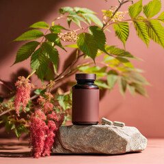Natural supplement bottle rests on textured stone with vibrant green foliage and delicate reddish-pink bloom accentuating herbal remedy