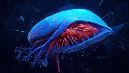 3D anatomical model of a liver, highlighted with translucent blue & red vessels, set against a dark blue polygonal backdrop