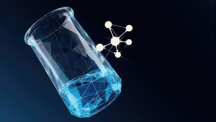 3D polygonal beaker, liquid inside, molecular structure