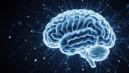 3D rendered brain, glowing blue,  surrounded by digital network