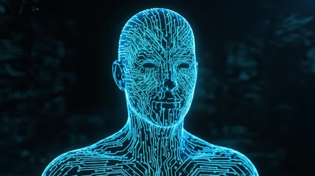 Digital Human Figure with Glowing Circuit Patterns Futuristic Representation of Technology, Innovation, and Artificial Intelligence in Ethereal Atmosphere of Wonder and Intrigue
