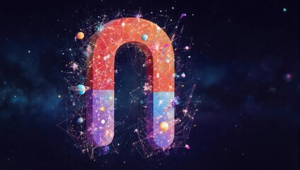 A 3D rendered horseshoe magnet, outlined with colorful digital network, amidst a cosmic backdrop