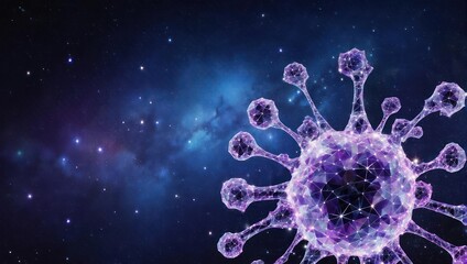 A 3D virus model, polygonal, purple, against a dark space background