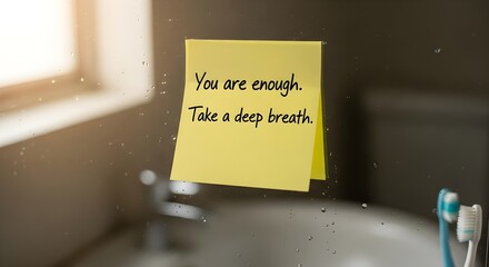 Self-care for mental health 'You are enough. Take a deep breath' sticky note on a mirror, encouraging daily emotional well-being