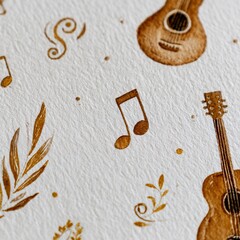 Close-up of delicate golden brown musical notes and ukulele illustrations stamped onto textured white paper surface