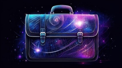 A briefcase, its surface a cosmic tapestry of glowing lines and nebulae, illuminated against a dark background