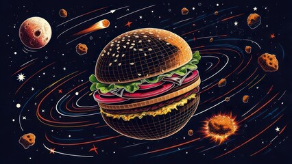 A burger in space, orbiting planets and asteroids.  Detailed illustration of a burger as a celestial body, amidst a cosmic background