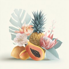 Delicate arrangement of vibrant tropical fruit like pineapple and papaya mixed with soft pastel-colored exotic bloom