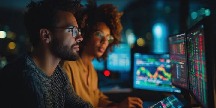 Business People Trading and Reviewing Data on Computer and Tablet at Night in Office