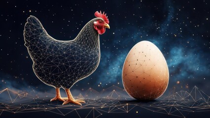 A chicken with a digital, wireframe body stands next to a large egg.  Dark background with star and cloud elements