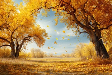 Autumn forest with golden leaves and bright sunshine