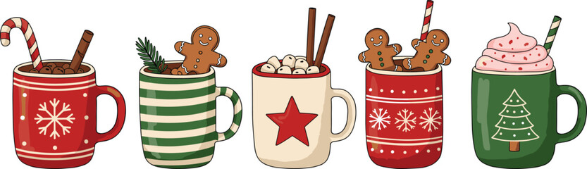 Christmas mugs collection, festive hot chocolate drinks, whipped cream, candy cane, gingerbread, marshmallows, cozy holiday beverages, seasonal winter celebration illustration