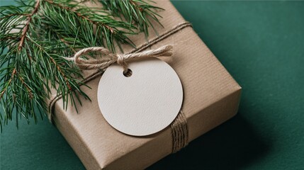 Eco-friendly Christmas gift wrapped in kraft paper with pine branch, tied with twine and featuring a blank round tag for personalized message