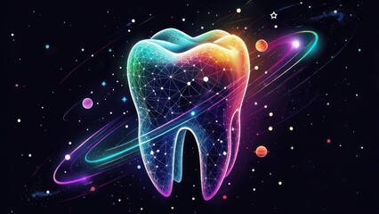 A colorful, abstract tooth graphic, set against a dark cosmic background, with glowing, interconnected lines creating a 3D effect, and orbiting celestial bodies