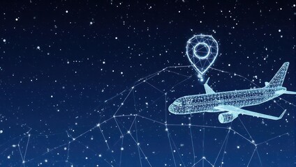 A digital airplane, location pin, and starry night.  Abstract,  technological,  travel concept