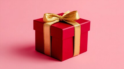 Fototapeta premium Elegant red gift box with luxurious golden ribbon bow, symbolizing celebration, surprise, and special moments against a soft pink background