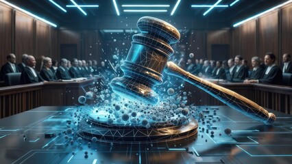 A digital gavel over a court scene, surrounded by tech