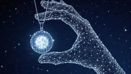 A digital hand, network-like, holds a luminous sphere, against a night sky