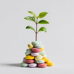 Small green plant sprout growing from a pile of colorful pastel vitamin tablets against a light background