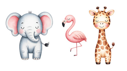 Watercolor elephant, flamingo and giraffe illustration. Watercolor jungle animals collection