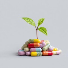 Small green sprout growing out of pile of colorful medicine capsules symbolizing pharmaceutical growth and natural remedy