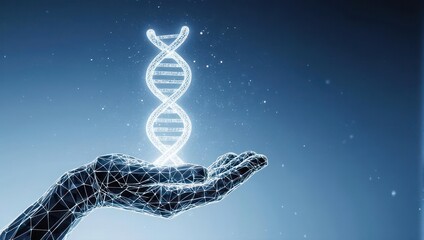 A digital hand, outlined in lines, holds a glowing DNA double helix