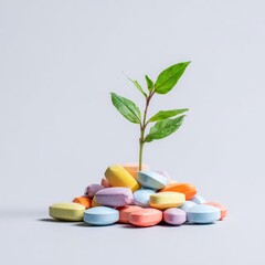 Vibrant sprout growing from pile of colorful oval vitamin supplement pills against clean background suggesting natural health