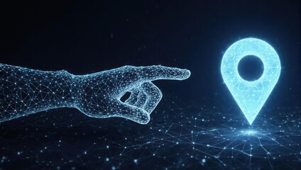 A digital hand points to a glowing location pin, set against a network of connected points