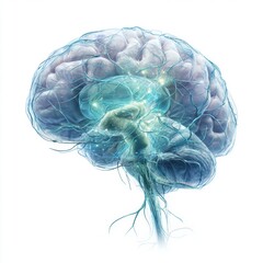 Glowing neural network illustration showing active connections within translucent human brain structure isolated on white background