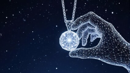 A digital hand, rendered as interconnected lines, holds a pendant against a starry night sky.  The pendant is a luminous orb with intricate detail