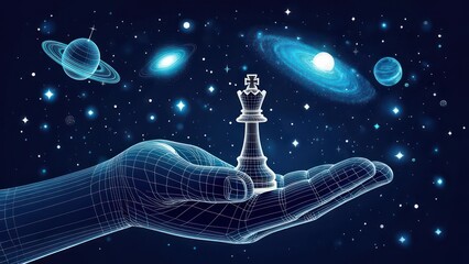 A digital hand, wire-frame style, holds a chess queen against a backdrop of space, planets, and galaxies