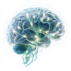 Illuminated human brain rendered with glowing neural network pathway visualization against white background signifying thought process and activity