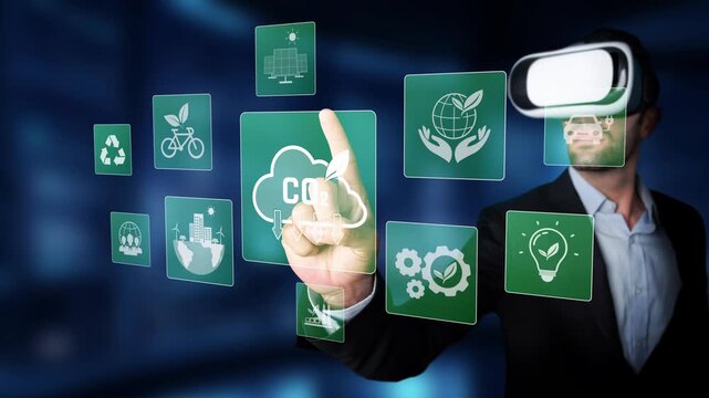 A man engages with a virtual reality headset, navigating through digital icons focused on environmental sustainability and innovative technology solutions in a modern setting. Raster - Powered by Adobe