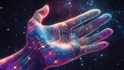 A digital rendering of a hand, its form interwoven with glowing, colorful lines and points, against a backdrop of a starry night sky