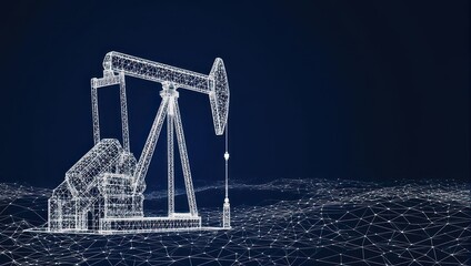 A digital rendering of an oil rig, outlined in white lines,  against a dark blue background, with a network of interconnected points and lines beneath