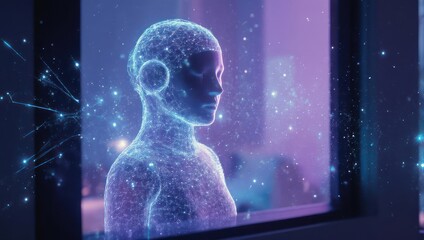 A digital representation of a person, seen through a window, glowing with interconnected light particles