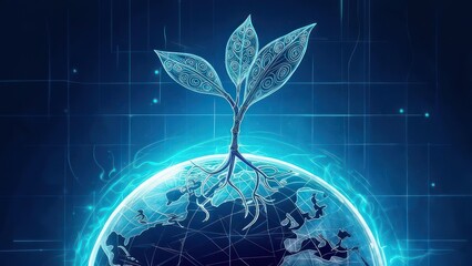 A digital seedling sprouts from the earth, glowing with technological detail over a world map