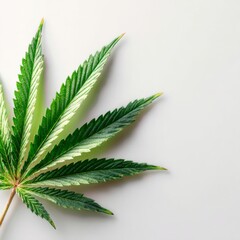 Detailed close-up of green cannabis leaf with variegation lying on clean white surface creating copy space