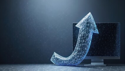 A digital upward-pointing arrow, wire-frame style, curves around a monitor