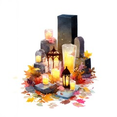 Watercolor illustration of glowing candles and lanterns arranged among gravestones surrounded by colorful autumn foliage on white background