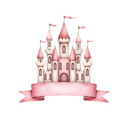 Obraz premium Pink princess castle watercolor illustration for baby nursery decor. Fantasy castle watercolor print for girl birthday theme.