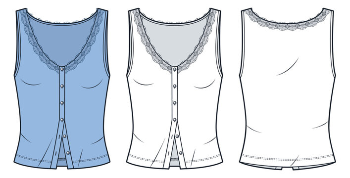 Women Lace Trim Button Tank Top Fashion Flat Sketch. V-Neck Top fashion flat technical drawing template, front and back view, white, blue, women CAD mockup set.