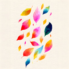 Vibrant watercolor illustration depicts colorful autumn leaves floating gently across textured cream background space