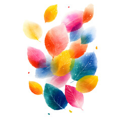 Collection of vibrant watercolor leaves in various bright colors floating against clean white background like abstract nature design