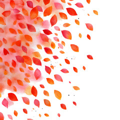 Watercolor painting depicts numerous vibrant red and orange autumn leaves swirling diagonally across white background space