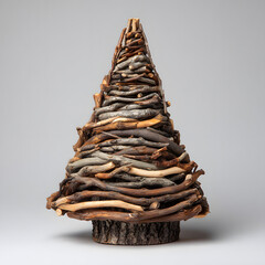 Rustic handmade Christmas tree crafted from stacked natural wood branches resting on bark base against neutral background