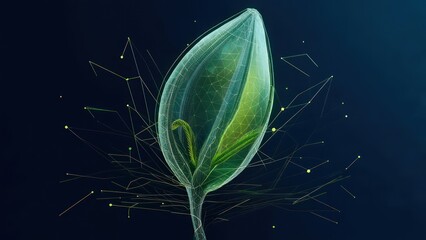 A futuristic, detailed illustration of a plant bud, with interconnected lines and glowing points