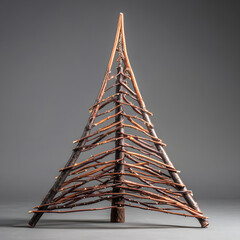 Handmade rustic Christmas tree sculpture constructed from dark brown interwoven natural wood branches against a simple gray background.