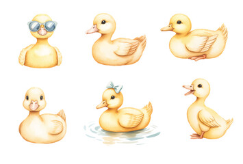 Watercolor baby duck illustration set for nursery and kids decor. Cute yellow duck in soft watercolor style.